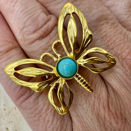 Anel Borboleta Grande Turquesa Dourado