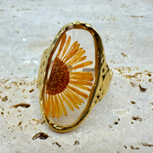 Anel Oval Flor Natural Laranja Dourado