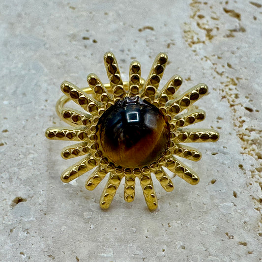 Anel Sol Olho de Tigre Dourado