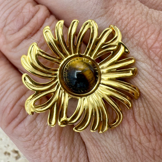 Anel Flor Grande Redonda Olho Tigre Dourado