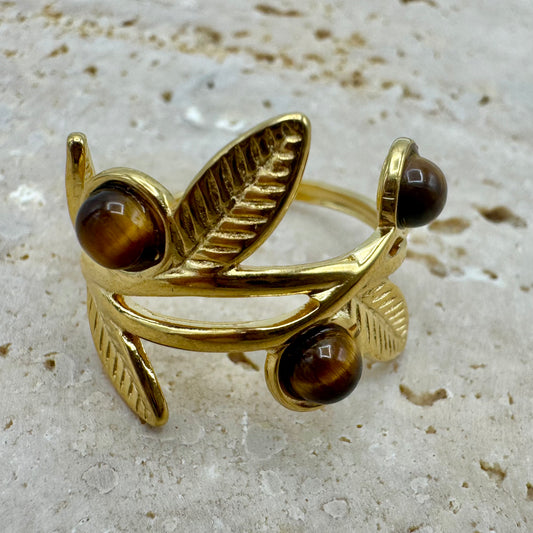 Anel Folhas e 3 Bolinhas Olho de Tigre Dourado