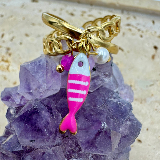 Anel Duplo com Missangas e Peixe Rosa Dourado