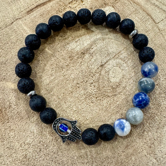 Pulseira Homem Elástico Sodalite e Hamsá
