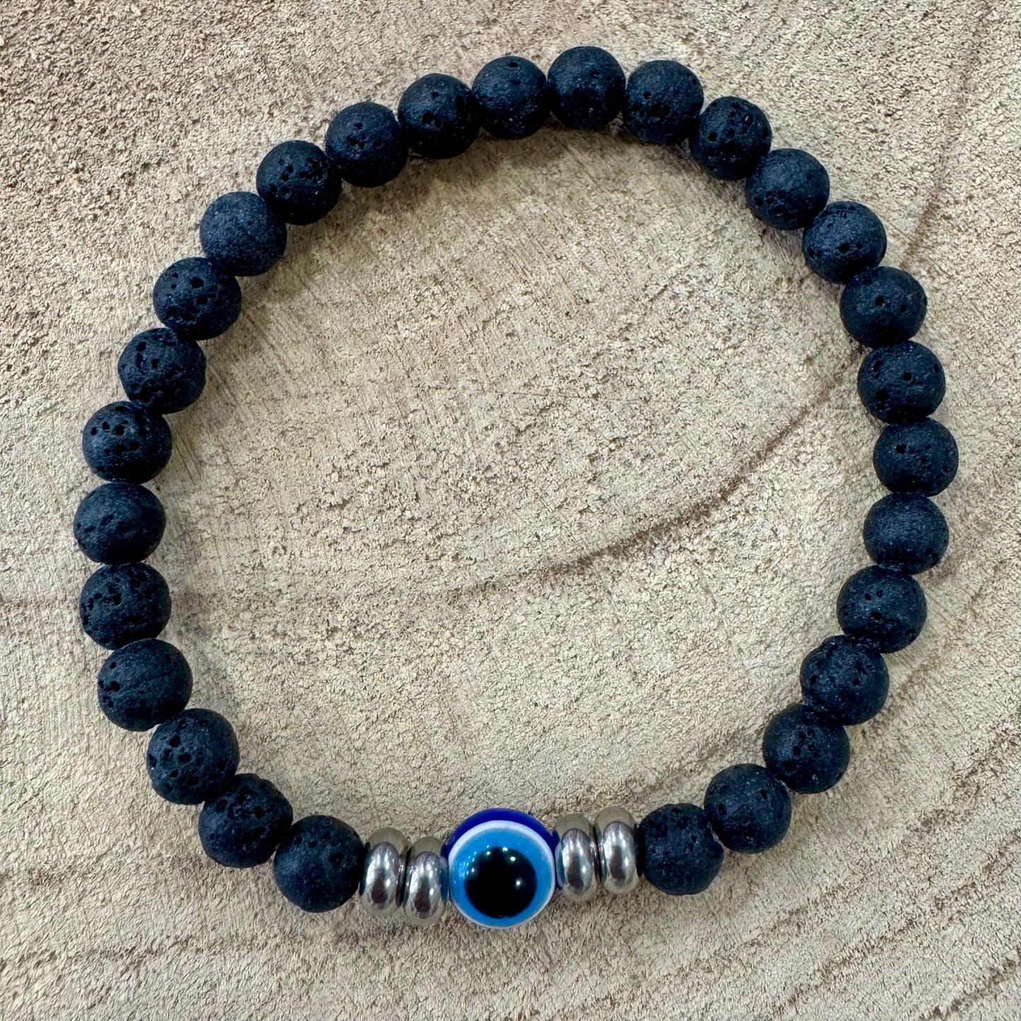 Pulseira Homem Elástico Pedra Vulcânica e Olho Turco