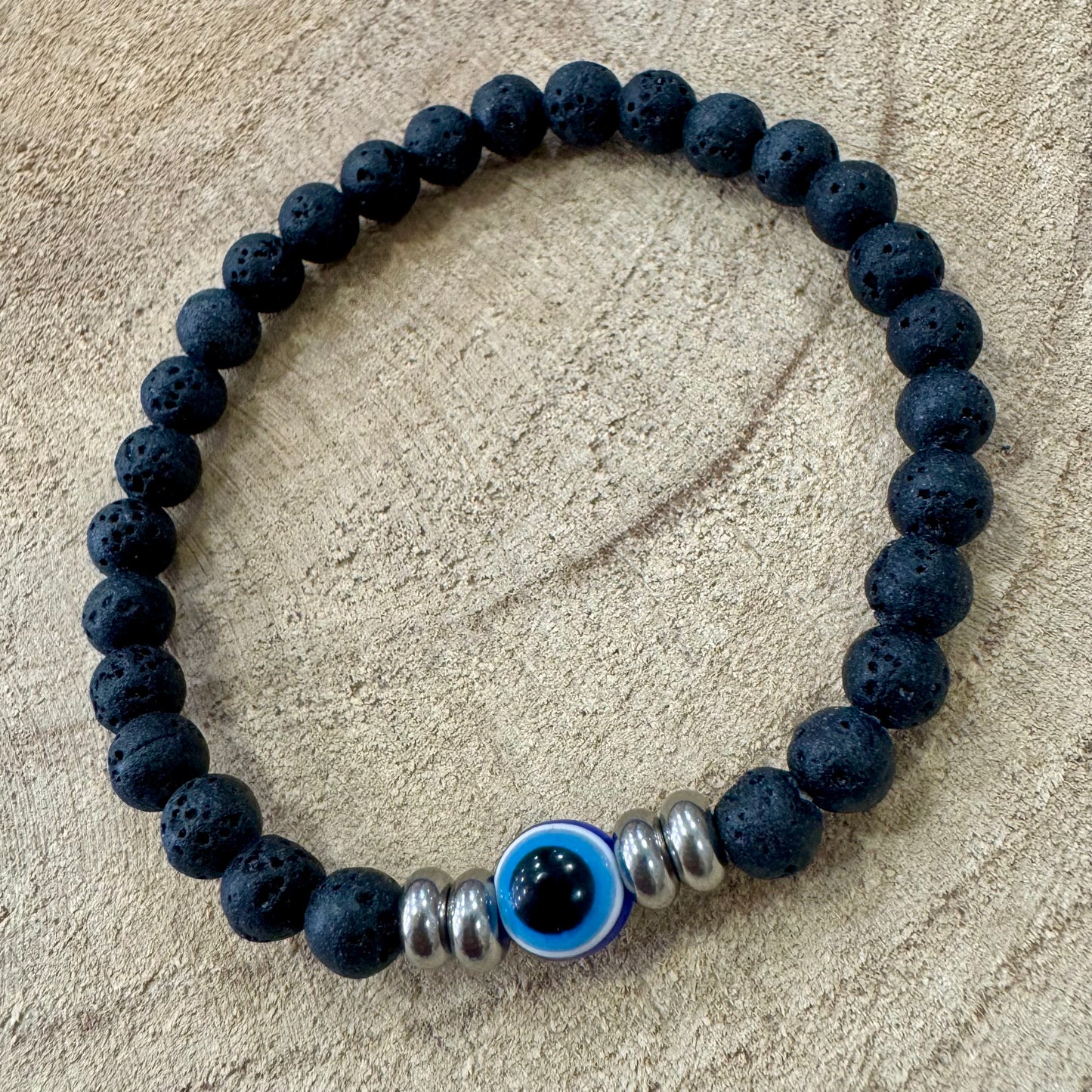 Pulseira Homem Elástico Pedra Vulcânica e Olho Turco