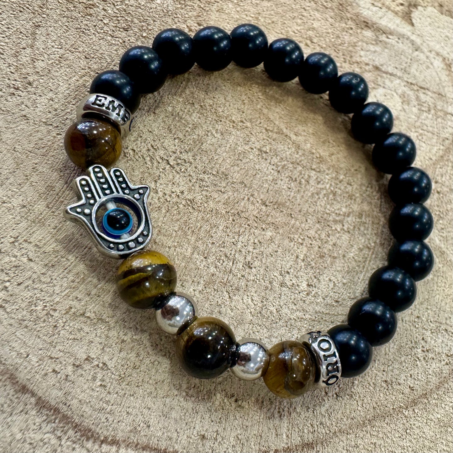Pulseira Homem Elástico Olho de Tigre e Hamsá