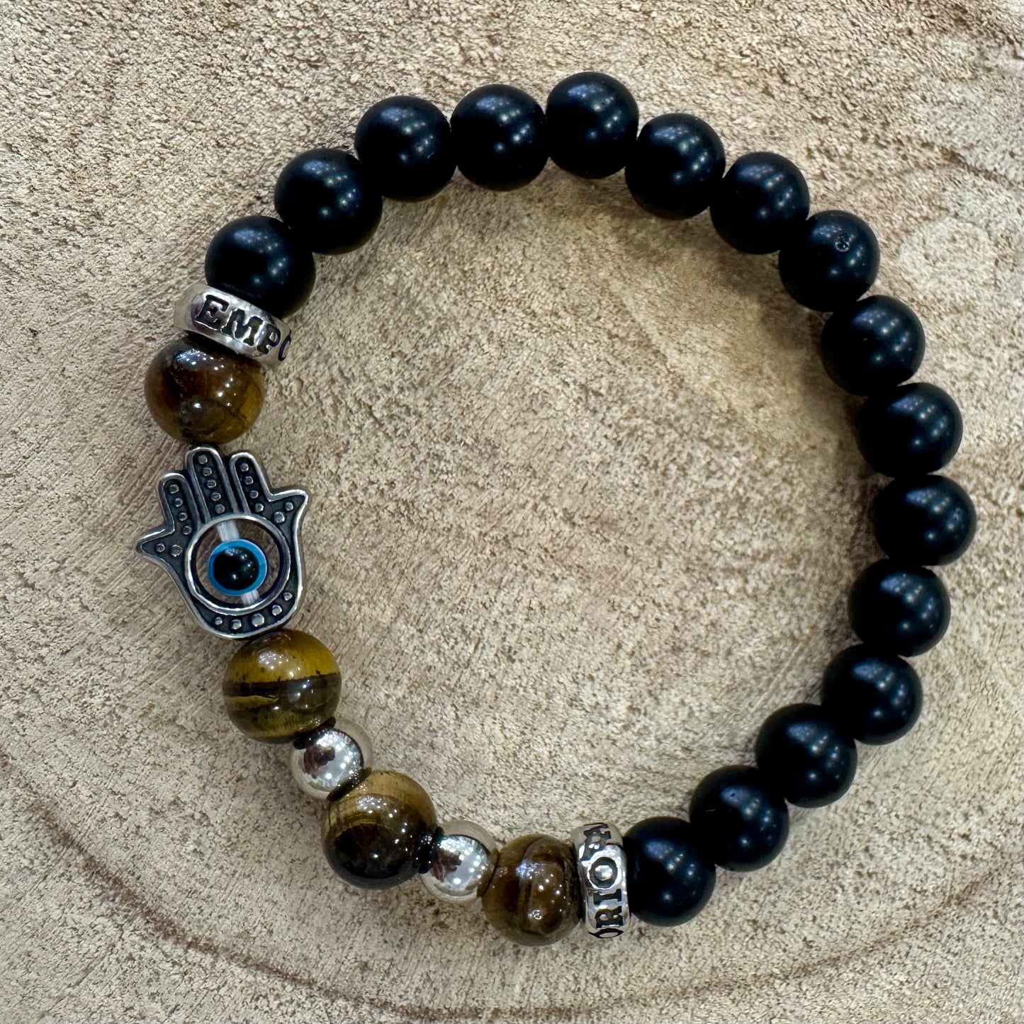 Pulseira Homem Elástico Olho de Tigre e Hamsá