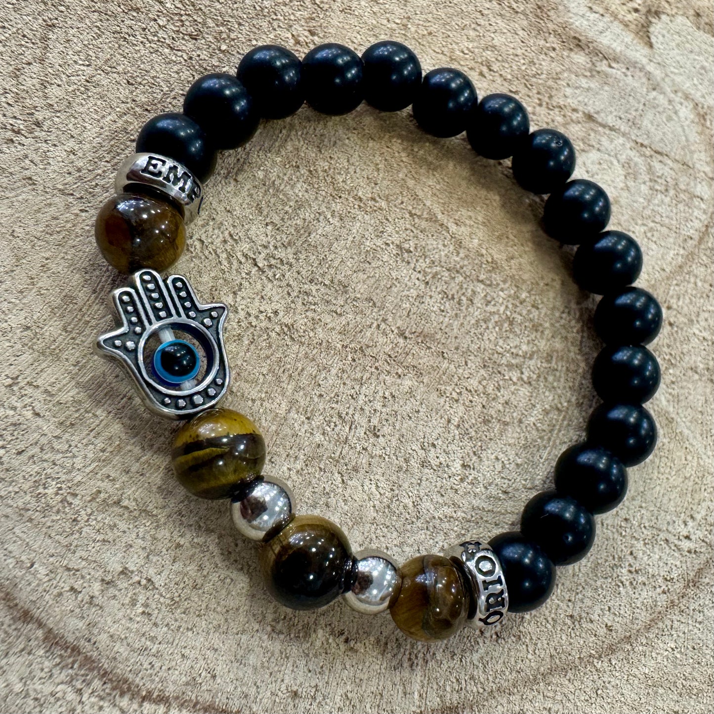 Pulseira Homem Elástico Olho de Tigre e Hamsá