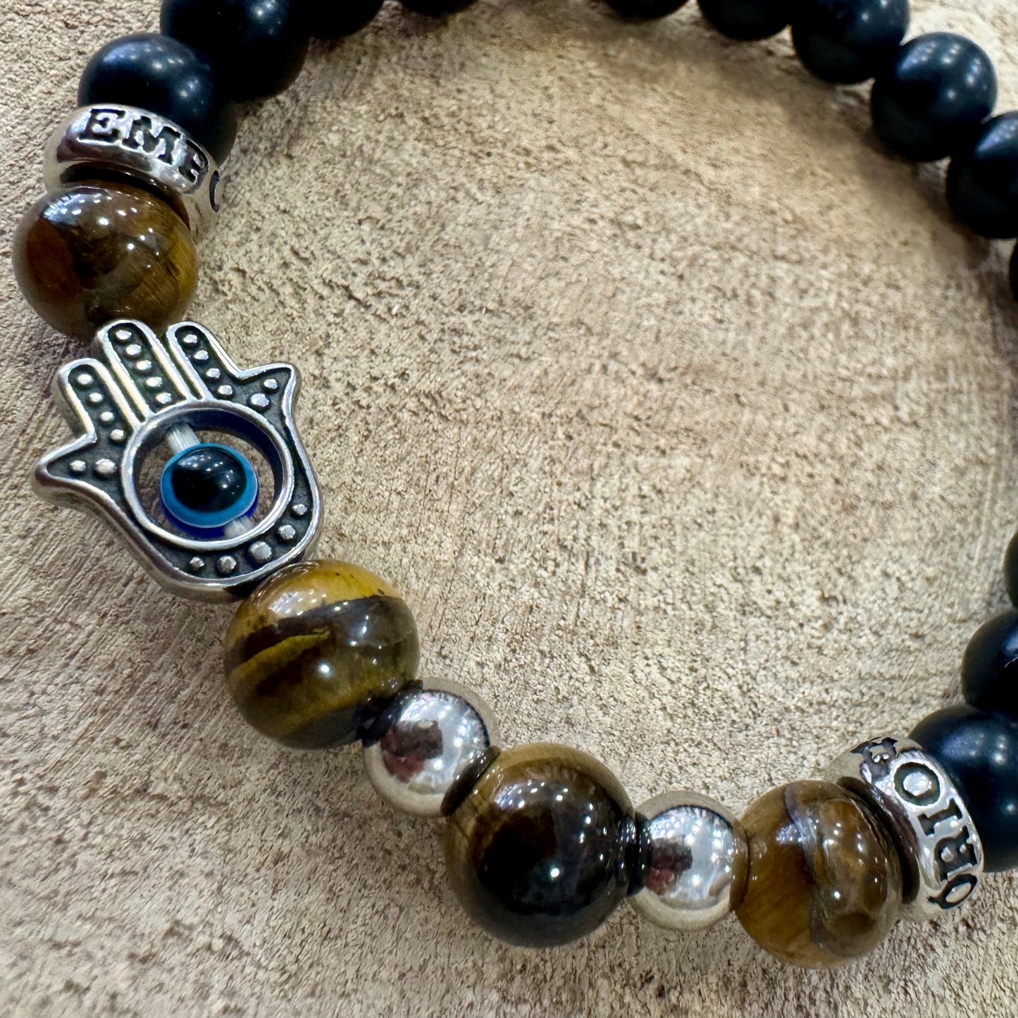 Pulseira Homem Elástico Olho de Tigre e Hamsá