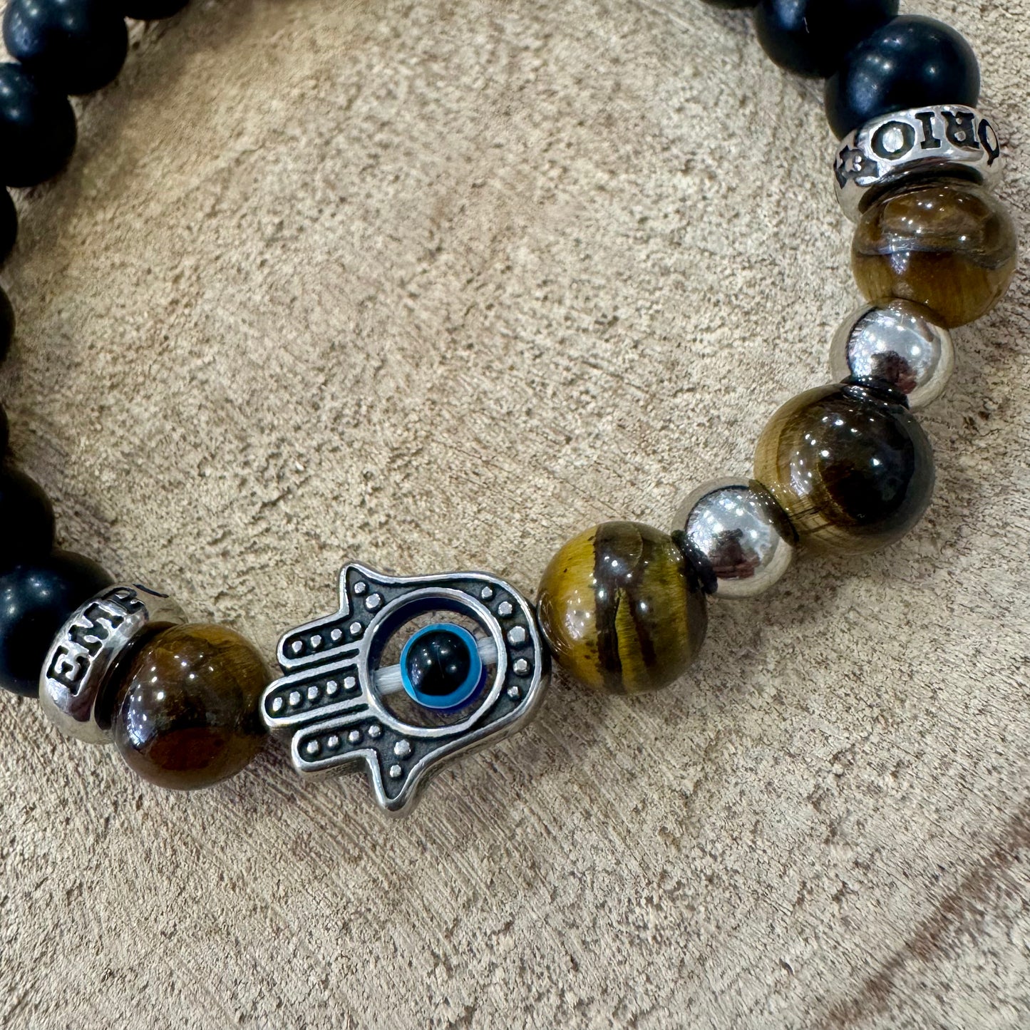 Pulseira Homem Elástico Olho de Tigre e Hamsá