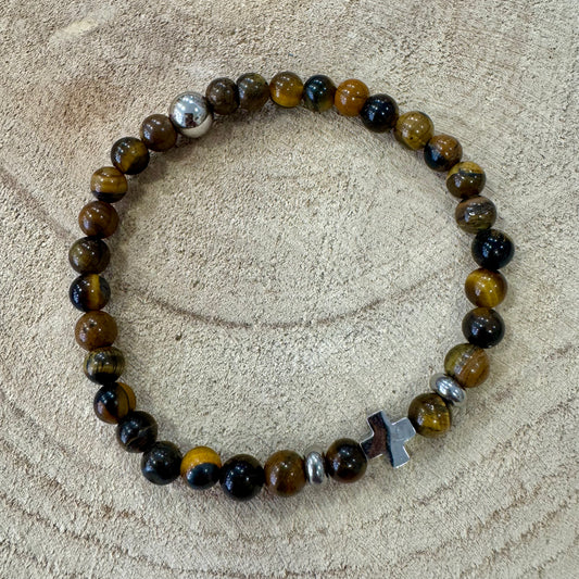 Pulseira Homem Elástico Olho de Tigre e Cruz Prata