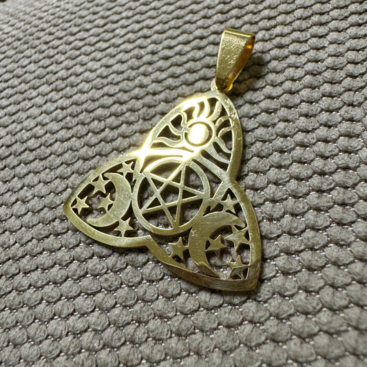 Nó de Bruxa Dourado com Pentagrama, Sol e Lua