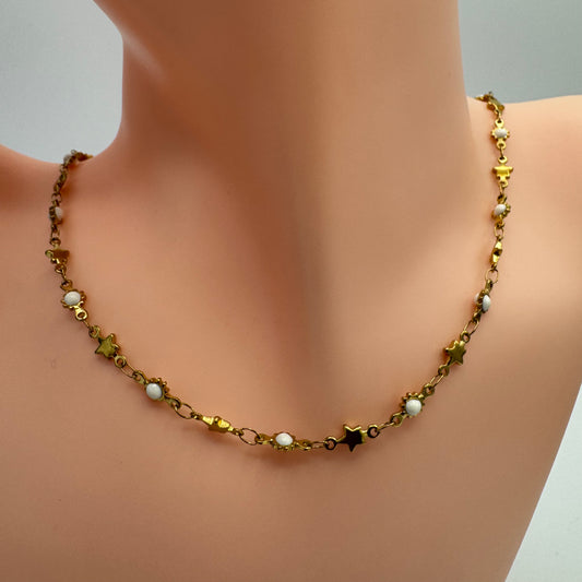 Fio Bolinhas Brancas e Estrelinhas Dourado