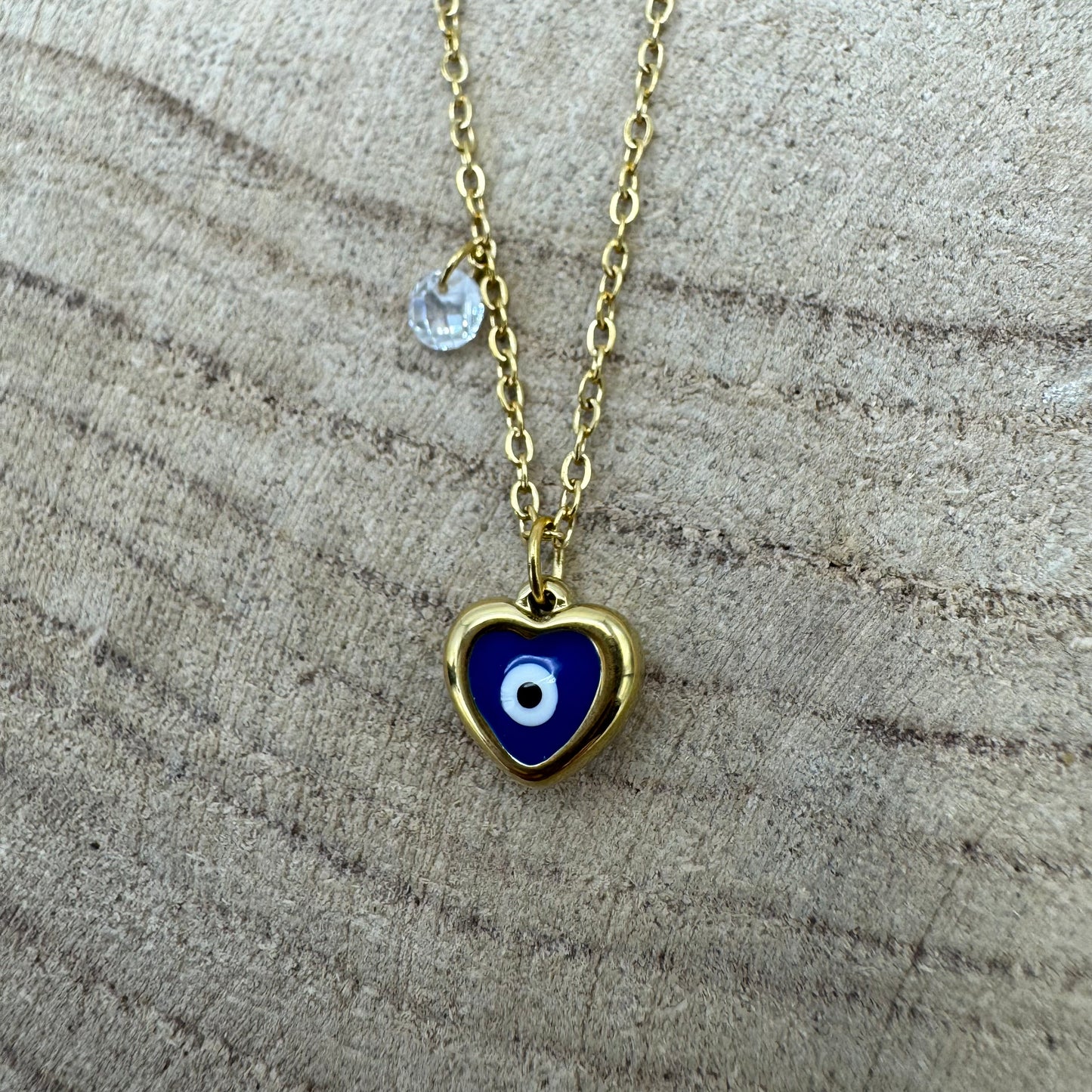Fio Olho Azul em Coração com Brilhante Dourado