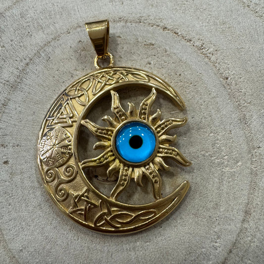 Medalhão Grande Dourado Olho Azul Claro e Simbologia