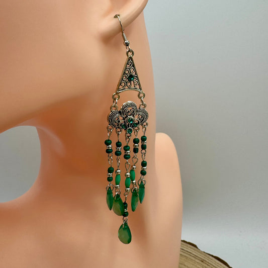 Brincos Filigrana Verde Boho Prateados