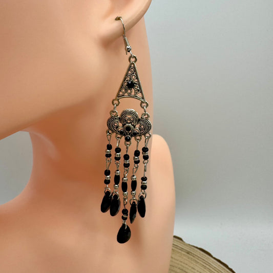 Brincos Filigrana Negra Boho Prateados