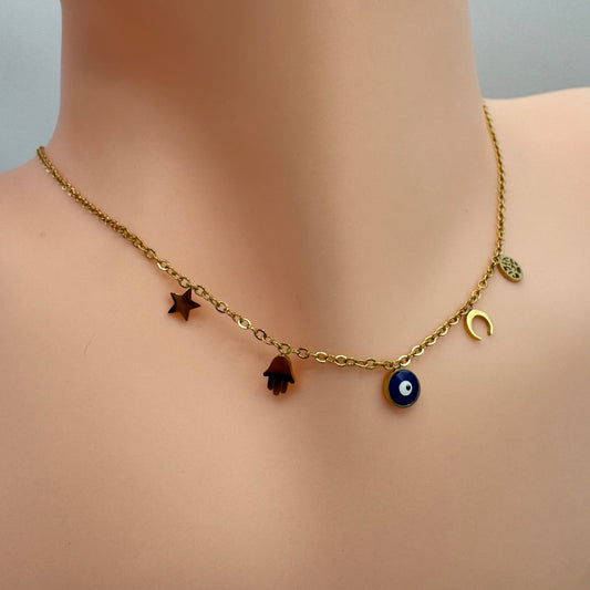 Fio com Simbolos Mini - Estrela, Mão, Olho, Lua e Árvore Dourado