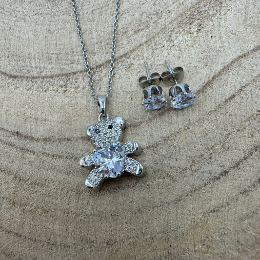 Fio Urso Coração Brilhante Prateado (Oferta Brincos)