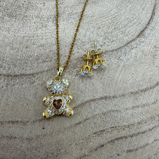 Fio Urso Coração Rosa Brilhantes Dourado (Oferta Brincos)
