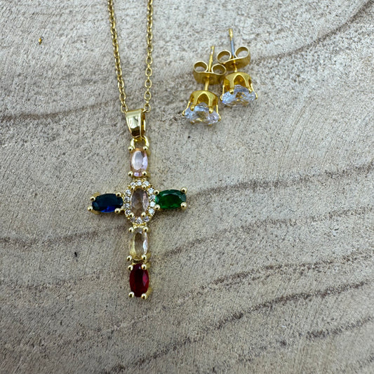 Fio Cruz Brilhantes Coloridos Dourado (Oferta Brincos)