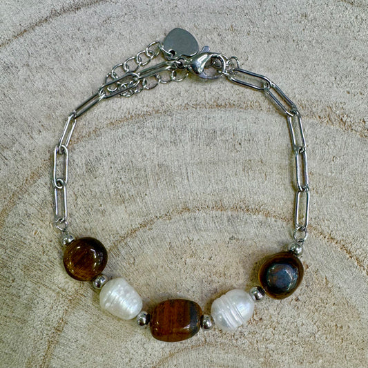 Pulseira Pérolss e Olho de Tigre Prateado
