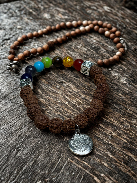 Pulseira 7 Chakras Rudraska 8MM Unisex C/Pendentes Árvore da Vida