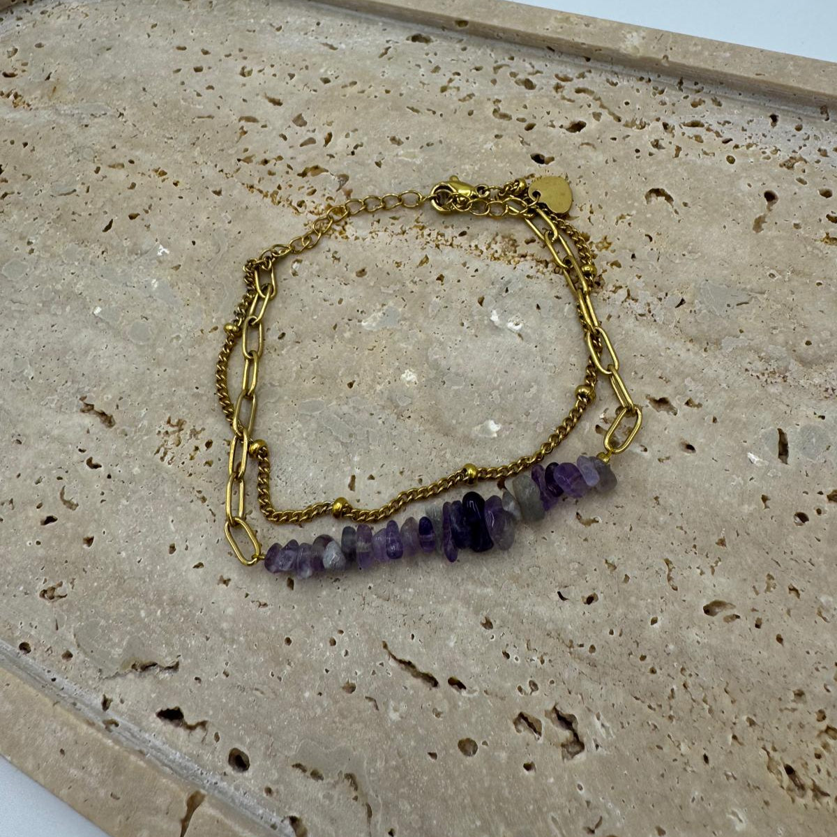 Pulseira Pedras Cascalho Ametista e Inox - Essencia Pura
