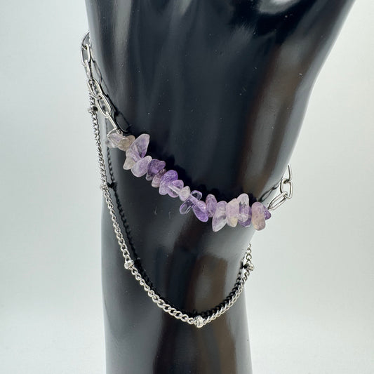 Pulseira Pedras Cascalho Ametista  Inox Prateado