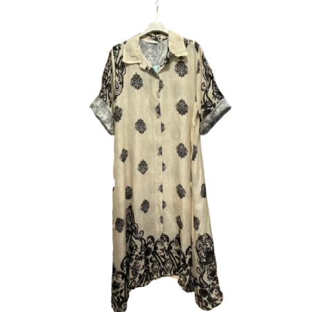 Vestido Camiseiro Longo Estampado com Bolsos 100% Linho