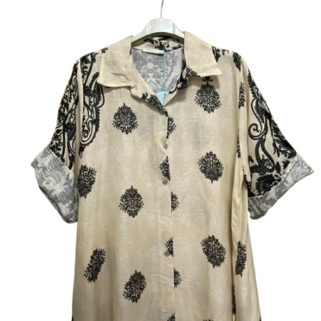 Vestido Camiseiro Longo Estampado com Bolsos 100% Linho