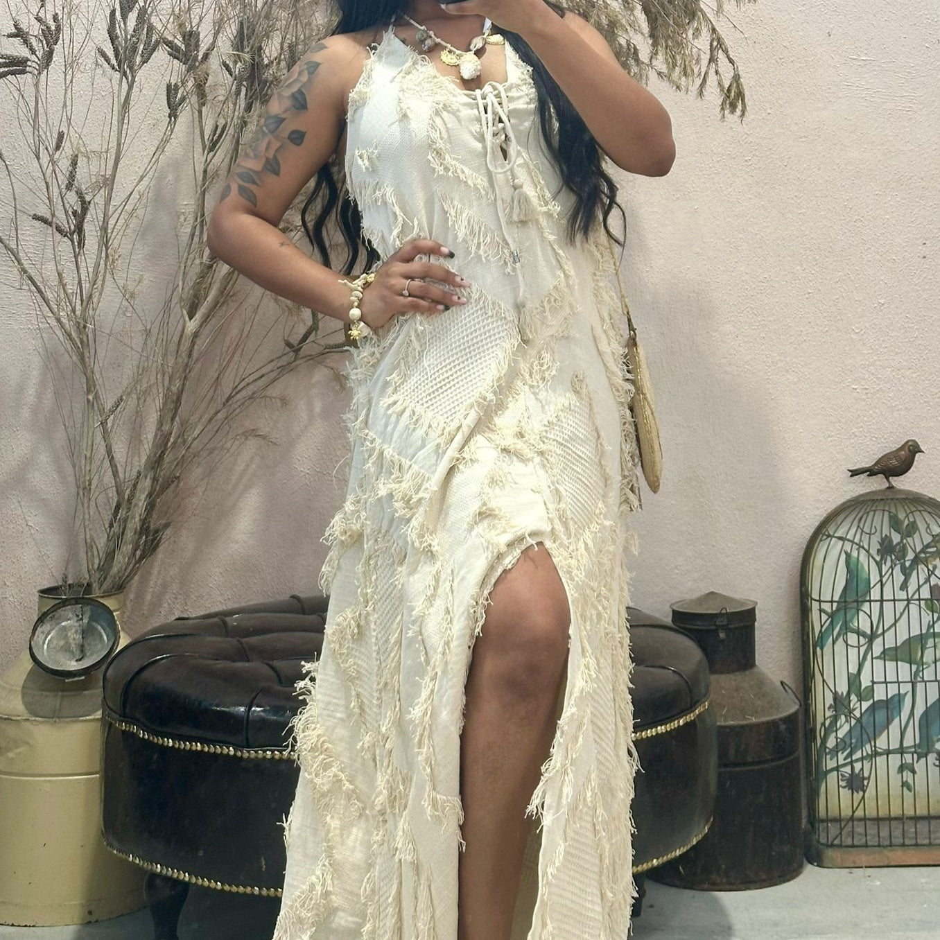 Vestido 100% em Algodão cru Aurora VARIEDADES (Bege/Bege Perola)