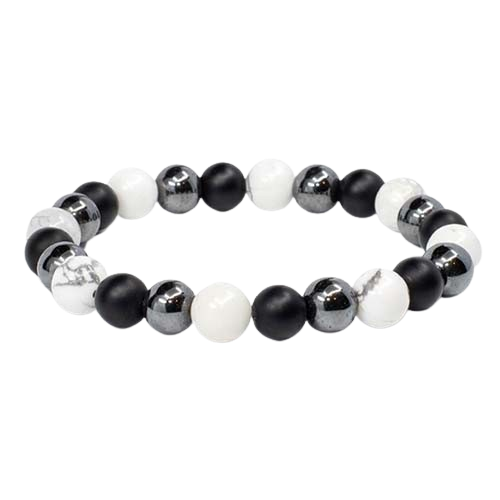 Pulseira Howlita, Ónix e Hematite - Esferas 8 mm - Essencia Pura