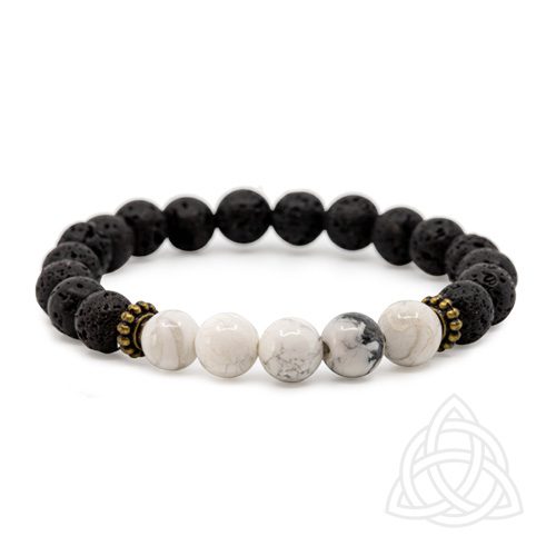 Pulseira 5 Pedras, Lava com Howlita Branca - Esferas 8 mm - Essencia Pura