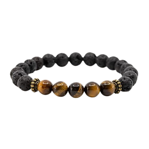 Pulseira 5 Pedras, Lava com Olho de Tigre - Esferas 8 mm - Essencia Pura